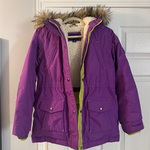 Lands End Purple Kids Puffer Jacket with Faux Fur Hood XL 16
